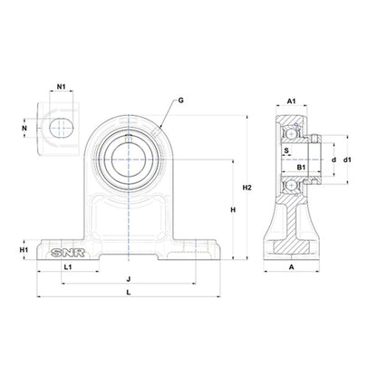 SNR ESPH206N Metric Cast Iron High Centre Height Two Bolt Pillow / Plummer Block Housing with 30mm Bore Eccentric Collar Insert - Allow 2-3 Days