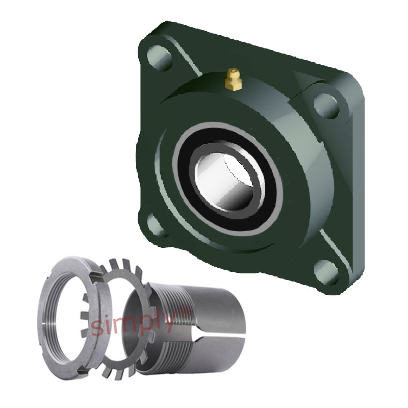 NTN UKF317D1/HE2317X Imperial Four Bolt Square Cast Iron Housing Insert and Adaptor Sleeve Fits 3 inch Shaft - Allow 2-3 Days