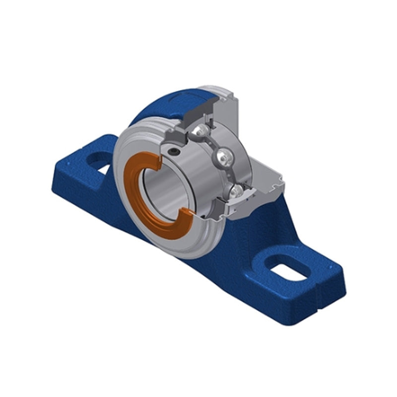 SNR UCPLE210CO Metric Cast Iron Two Bolt Pillow / Plummer Block Housing with 50mm Bore Insert with Narrow Steel Plate Cover - Open Version - Allow 2-3 Days