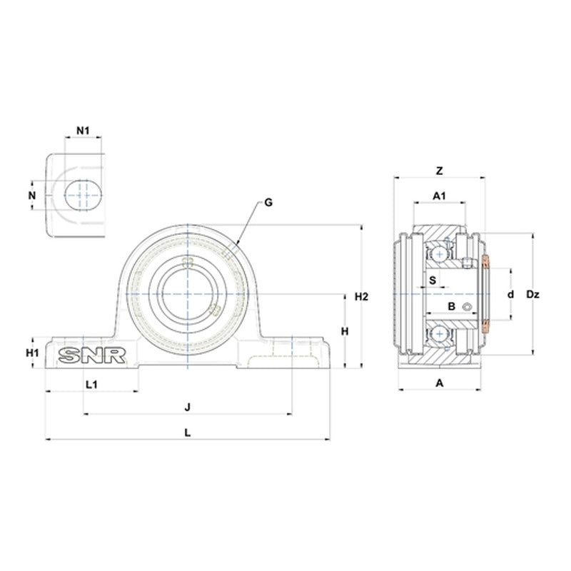 SNR USP206CO Metric Cast Iron Two Bolt Pillow / Plummer Block Housing with 30mm Bore Insert with Narrow Steel Plate Cover - Open Version - Allow 2-3 Days