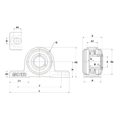 SNR USP203CO Metric Cast Iron Two Bolt Pillow / Plummer Block Housing with 17mm Bore Insert with Narrow Steel Plate Cover - Open Version - Allow 2-3 Days