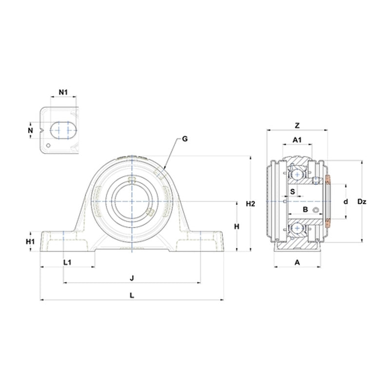 SNR USPE212CO Metric Cast Iron Two Bolt Pillow / Plummer Block Housing with 60mm Bore Insert with Narrow Steel Plate Cover - Open Version - Allow 2-3 Days