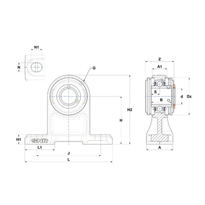 SNR USPH205CC Metric Cast Iron High Centre Height Two Bolt Pillow / Plummer Block Housing with 25mm Bore Insert with Narrow Steel Plate Cover - Closed Version - Allow 2-3 Days