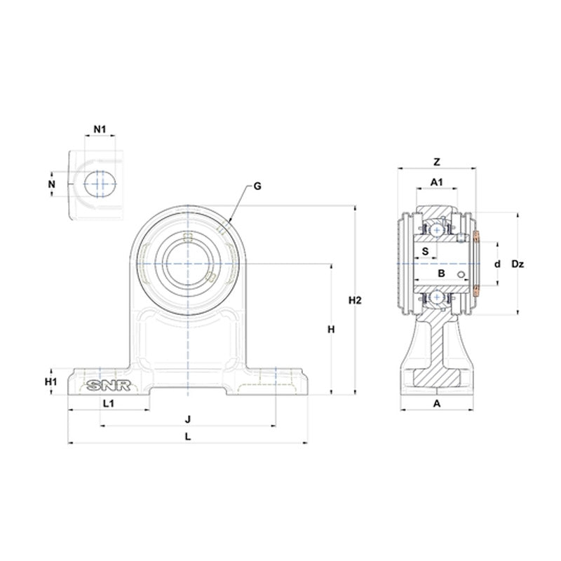 SNR USPH207CO Metric Cast Iron High Centre Height Two Bolt Pillow / Plummer Block Housing with 35mm Bore Insert with Narrow Steel Plate Cover - Open Version - Allow 2-3 Days